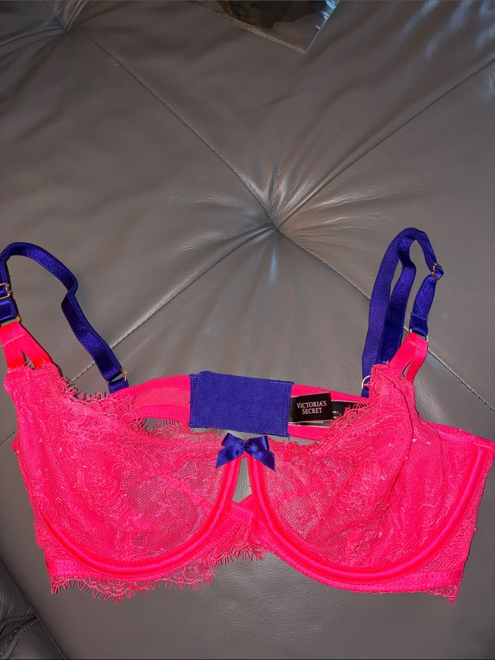 Victoria's Secret Hot Pink Lace Bra with Purple Straps